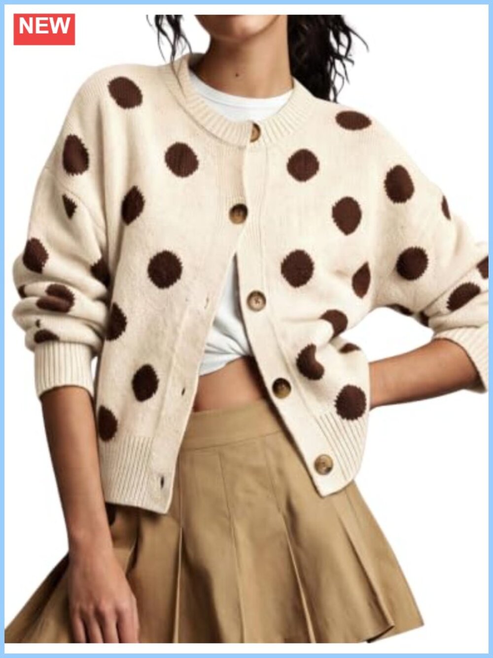 Polka Dot Knit Cardigan Crewneck Button Down Cropped Sweater Jacket